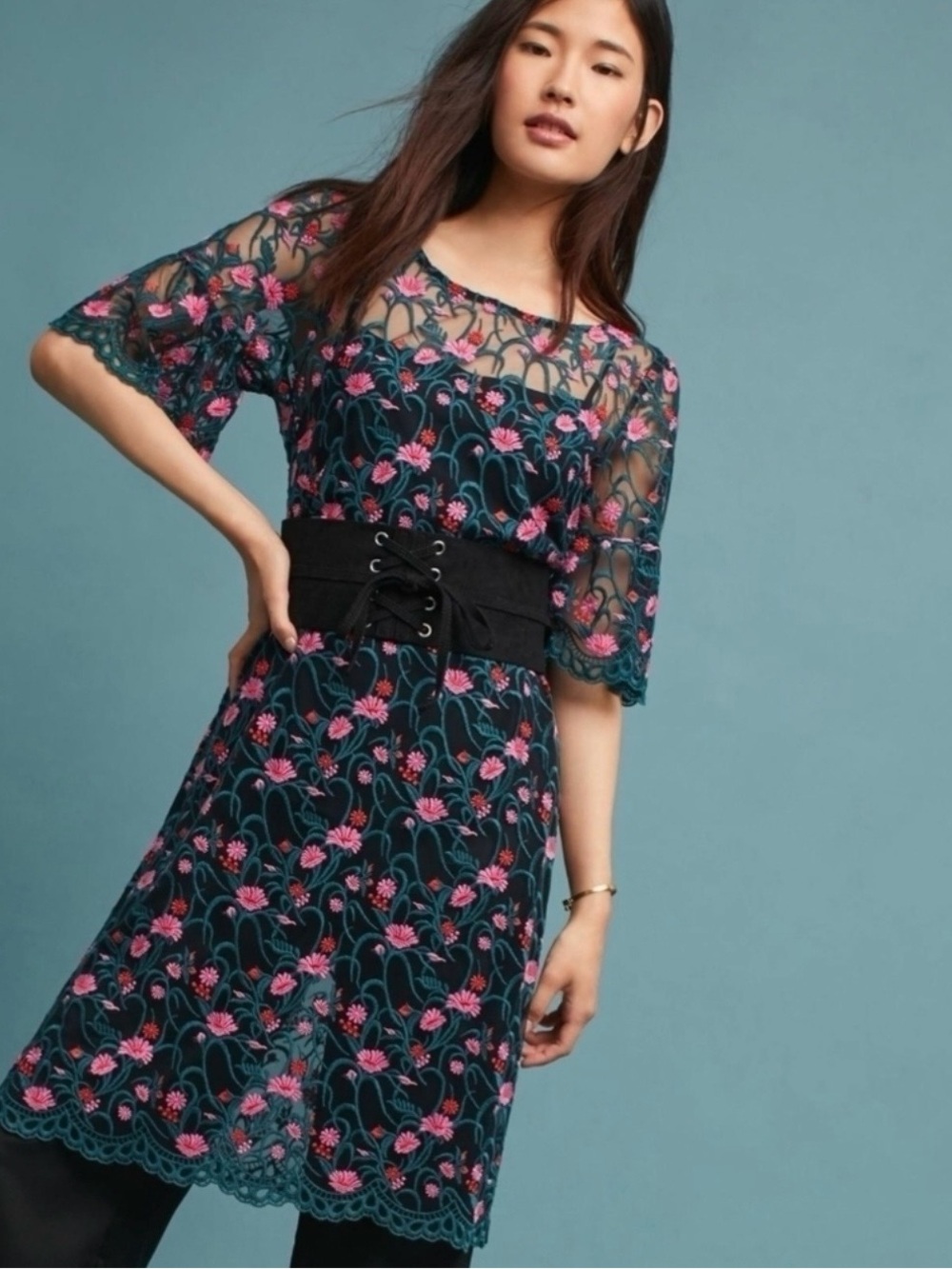 Moulinette Soeurs for Anthropologie floral embroidered mesh tunic or dress